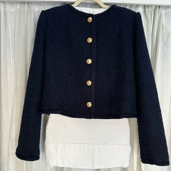 Aqua Navy Blazer Women’s Medium Tweed Jacket Gold Button Classic Chic - Picture 3 of 11